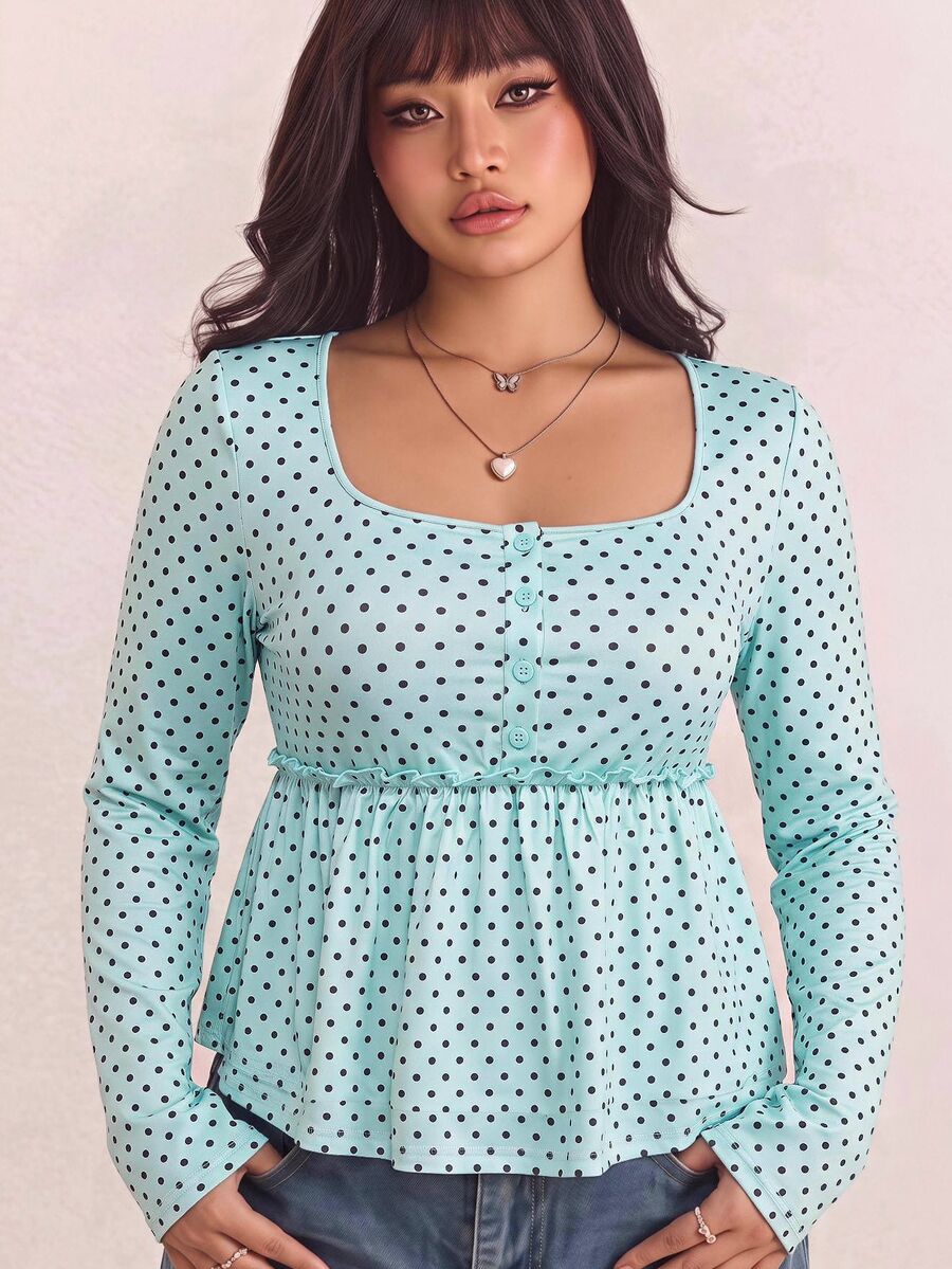 CovetEZ Autumn/Winter New Colorful Polka Dot Casual Long Sleeve Square Neck Plus Size T-Shirt - Multicolor - View 1