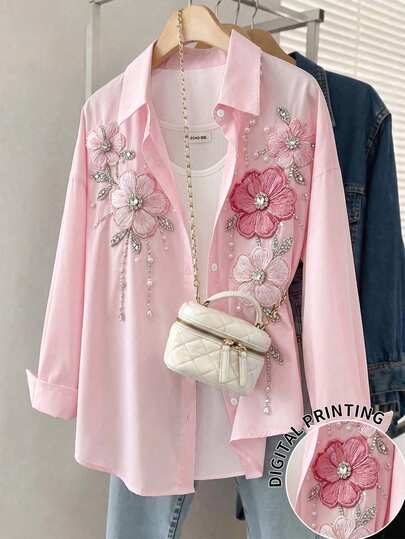 Resyla [Printed Design] Floral Decor Casual Loose Fit Long Sleeve Shirt