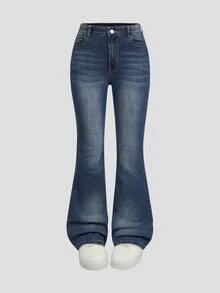 SHEIN Explorewe Y2K Streetwear Casual Fashion Versatile Washed Distressed Flared Stretch Denim Jeans For Teen Girls Prom Matric Ball Dinner Navy Blue Summer Summer - Medium Wash - View 5