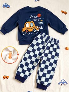 Young Boys Car Graphic Checkerboard Crewneck Fleece Sweatshirt And Sweatpants 2 Pieces Fall Outfit Set - Multicolor - View 2