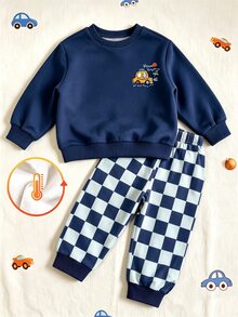 Young Boys Car Graphic Checkerboard Crewneck Fleece Sweatshirt And Sweatpants 2 Pieces Fall Outfit Set - Multicolor - View 4