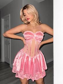 Sweetina Elegante mini vestido deslizante con encaje translúcido y parche en la cintura - Rosa - Ver 5