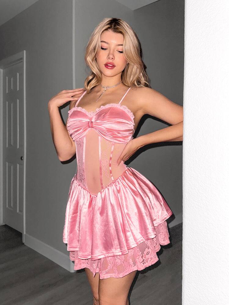 Sweetina Elegant Waist Translucent Lace Patchwork Slip Mini Dress - Pink - View 6