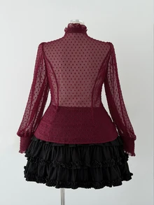 Sunspun Plus Size Burgundy Wood Ear Trim Stand Collar Sheer Chiffon Cutout Blouse, Open Front Ruffle Puff Long Sleeve Shirt - Burgundy - View 5