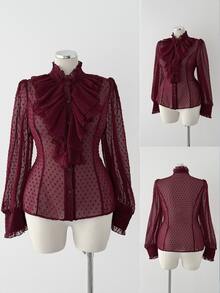 Sunspun Plus Size Burgundy Wood Ear Trim Stand Collar Sheer Chiffon Cutout Blouse, Open Front Ruffle Puff Long Sleeve Shirt - Burgundy - View 6