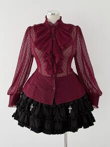 Sunspun Plus Size Burgundy Wood Ear Trim Stand Collar Sheer Chiffon Cutout Blouse, Open Front Ruffle Puff Long Sleeve Shirt - Burgundy - View 4