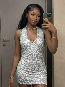 Fiercella Fiercella Women's Halter Neck White Animal Print Collar Metal Decor Fitted Short Dress Club Party Summer Sexy,Leopard Print Dress ,Afro Fashion Outfits,Y2K - Multicolor - View 3