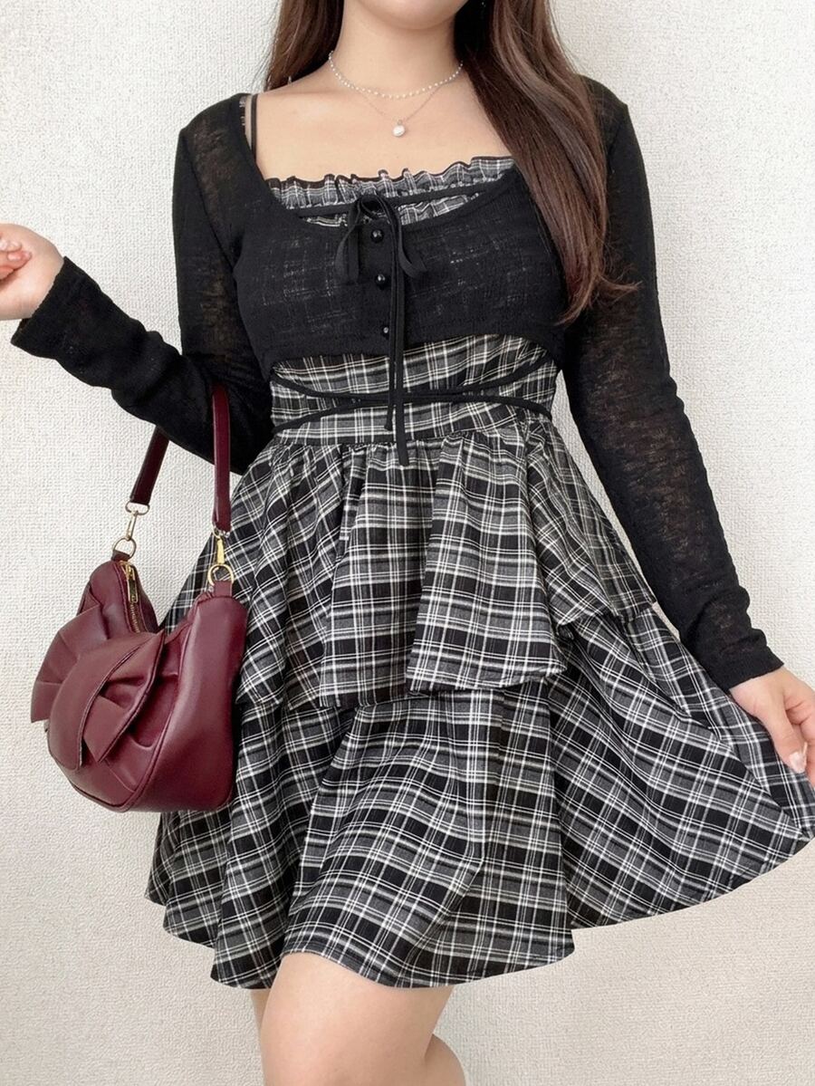 Dazy Plus Early Autumn New Plaid Cami Dress With Tie-Front Cardigan, 2 Pieces Set - Black - View 1