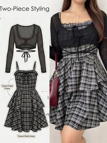Dazy Plus Early Autumn New Plaid Cami Dress With Tie-Front Cardigan, 2 Pieces Set - Black - View 3