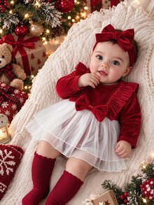 SHEIN Playful Pals Baby Girl Ruffle Big Bow Patchwork Double Layer White Mesh Bodysuit With Velvet Headband Set - Red and White - View 1
