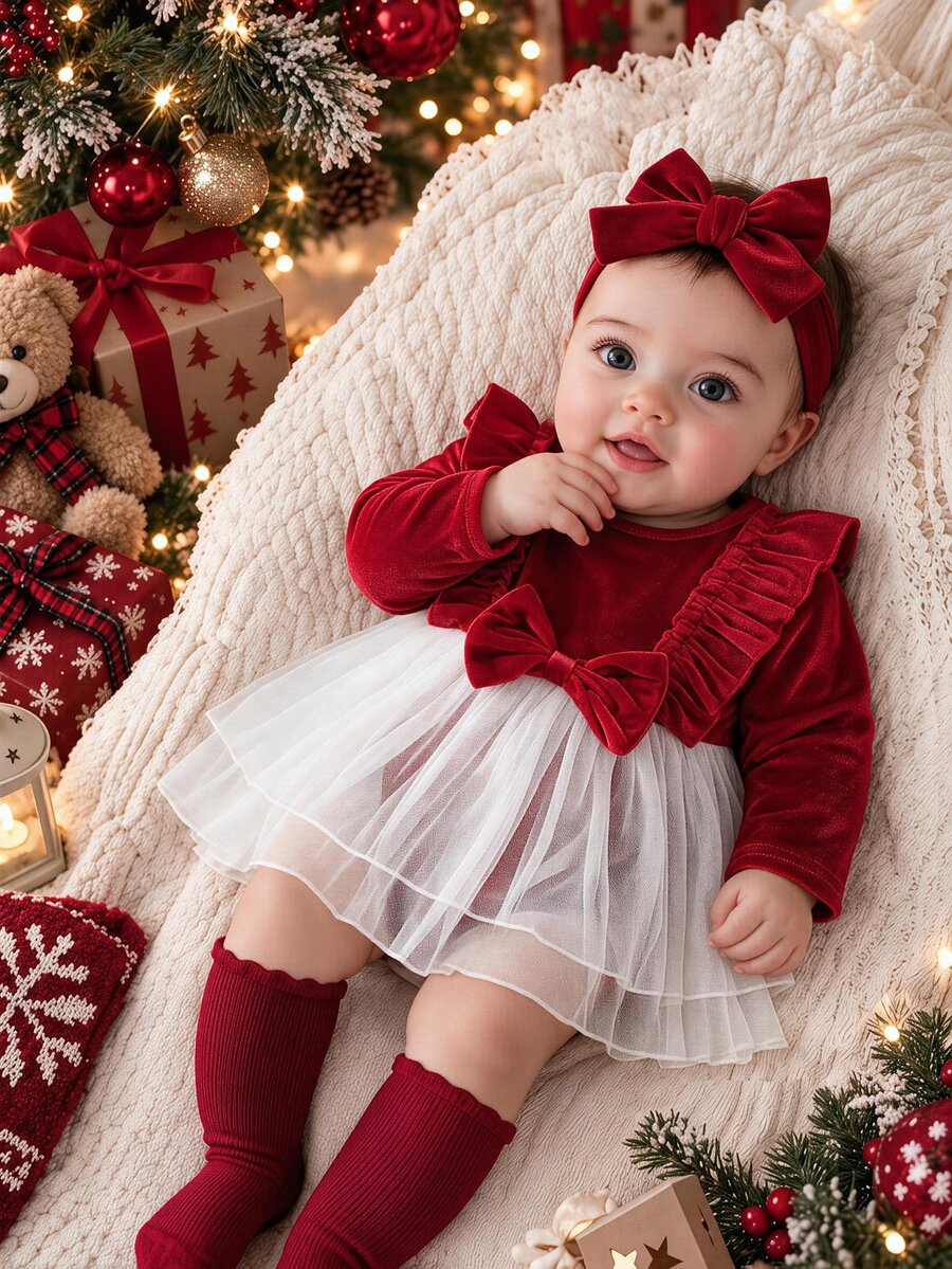 SHEIN Playful Pals Baby Girl Ruffle Big Bow Patchwork Double Layer White Mesh Bodysuit With Velvet Headband Set - Red and White - View 1