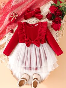 SHEIN Playful Pals Baby Girl Ruffle Big Bow Patchwork Double Layer White Mesh Bodysuit With Velvet Headband Set - Red and White - View 3