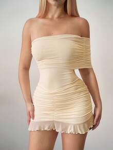 Sweetina Bodycon Asymmetrical Mesh Off Shoulder Mini Dress Night Out Club Beige Summer Sexy Elegant - Apricot - View 6