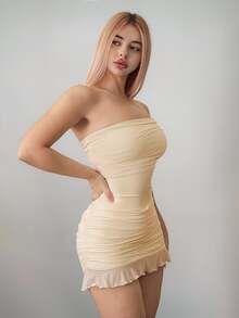 Sweetina Bodycon Asymmetrical Mesh Off Shoulder Mini Dress Night Out Club Beige Summer Sexy Elegant - Apricot - View 5