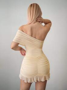 Sweetina Bodycon Asymmetrical Mesh Off Shoulder Mini Dress Night Out Club Beige Summer Sexy Elegant - Apricot - View 7