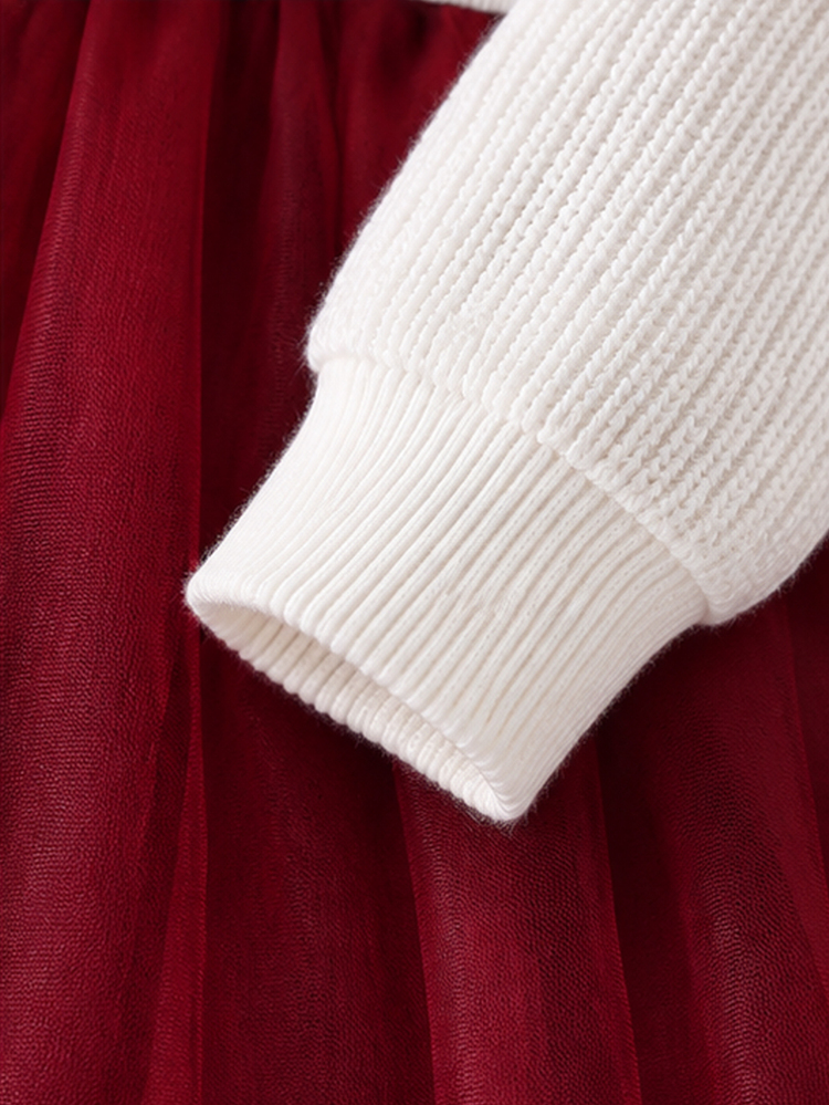 1pc Girls Bow Decor Round Neck Long Sleeve Mesh Hem Dress, Fresh & Elegant Fashion, Cute & Sweet, Suitable For Autumn/Winter - Burgundy - View 6