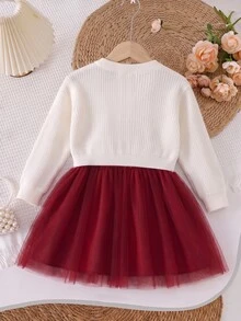 SHEIN Playful Pals 1件女童蝴蝶結裝飾圓領長袖網紗下擺洋裝，清新優雅時尚，可愛甜美，適合秋冬穿著 - 酒紅色 - 查看 2