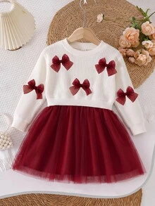 SHEIN Playful Pals 1件女童蝴蝶結裝飾圓領長袖網紗下擺洋裝，清新優雅時尚，可愛甜美，適合秋冬穿著 - 酒紅色 - 查看 1