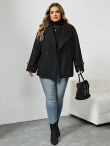 SHEIN CURVE+ Plus Size Solid Color Short Wool Jacket, Autumn/Winter Fall - Black - View 5