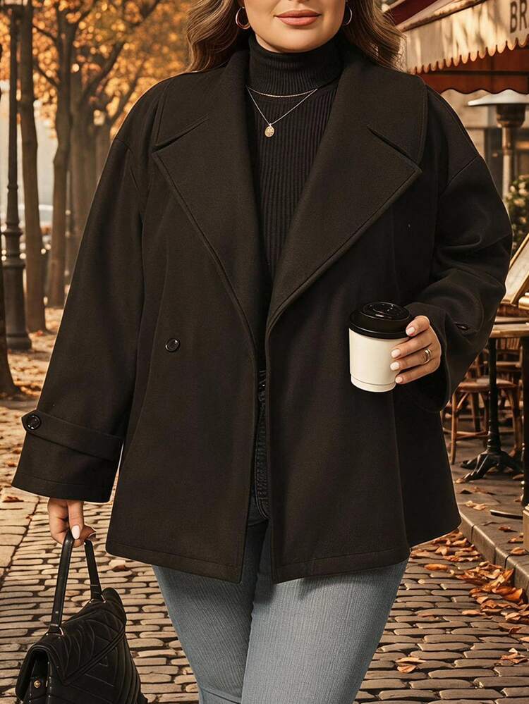 SHEIN CURVE+ 大尺碼純色短款羊毛外套，秋冬季 - 黑色 - 查看 1