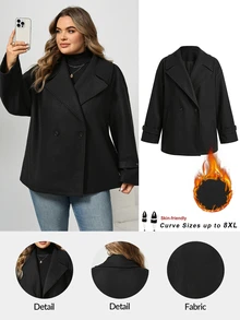 SHEIN CURVE+ Plus Size Solid Color Short Wool Jacket, Autumn/Winter Fall - Black - View 9