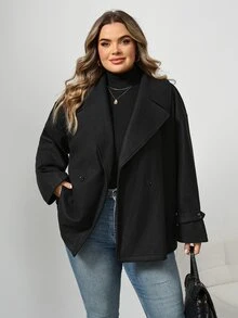 SHEIN CURVE+ Plus Size Solid Color Short Wool Jacket, Autumn/Winter Fall - Black - View 3