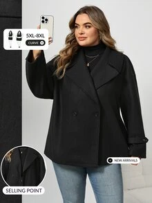 SHEIN CURVE+ Plus Size Solid Color Short Wool Jacket, Autumn/Winter Fall - Black - View 8