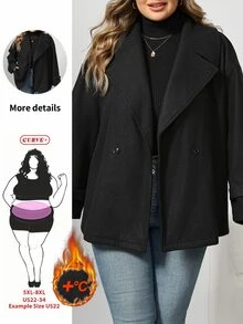 SHEIN CURVE+ Plus Size Solid Color Short Wool Jacket, Autumn/Winter Fall - Black - View 4