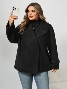 SHEIN CURVE+ Plus Size Solid Color Short Wool Jacket, Autumn/Winter Fall - Black - View 6