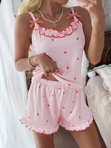 Tulorae Women's Pajama Set With Ribbed Fabric, Ruffle Trim, Bow Accent, And Heart Decor Camisole And Shorts - Pink - View 3