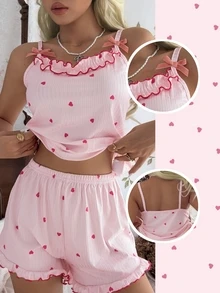 Tulorae Women's Pajama Set With Ribbed Fabric, Ruffle Trim, Bow Accent, And Heart Decor Camisole And Shorts - Pink - View 5