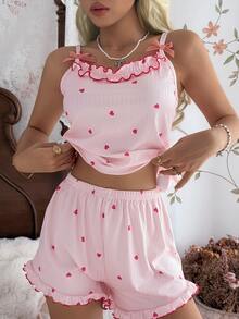 Tulorae Women's Pajama Set With Ribbed Fabric, Ruffle Trim, Bow Accent, And Heart Decor Camisole And Shorts - Pink - View 6