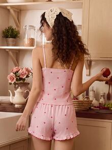 Tulorae Women's Pajama Set With Ribbed Fabric, Ruffle Trim, Bow Accent, And Heart Decor Camisole And Shorts - Pink - View 2