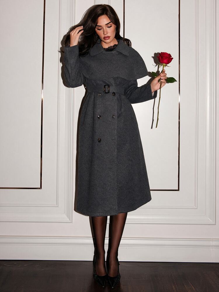 Allurite Women's Long Elegant Commuter Wool Coat Office Dark Grey Winter - Dark Grey - View 7