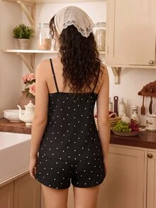 Tulorae Knitted Rib Fabric, Heart Print Patchwork With Lace Trim, Romantic Sweet Cute Sexy Camisole Women Summer Sets Outfit Pajamas Polka Dot Short Set PJS - Black - View 2