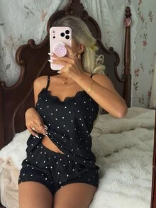 Tulorae Knitted Rib Fabric, Heart Print Patchwork With Lace Trim, Romantic Sweet Cute Sexy Camisole Women Summer Sets Outfit Pajamas Polka Dot Short Set PJS - Black - View 6