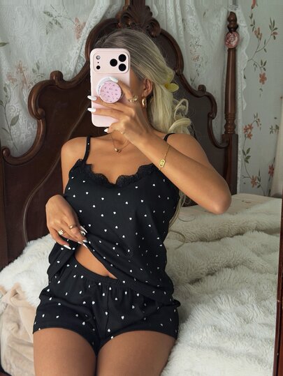 Tulorae Knitted Rib Fabric, Heart Print Patchwork With Lace Trim, Romantic Sweet Cute Sexy Camisole Women Summer Sets Outfit Pajamas Polka Dot Short Set PJS