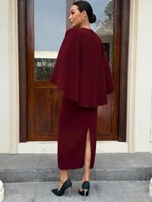 MaterniWear Maternity Solid Color Cape Sleeve Fitted Elegant Dress Fall - Burgundy - View 8