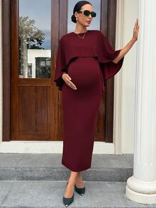 MaterniWear Maternity Solid Color Cape Sleeve Fitted Elegant Dress Fall - Burgundy - View 5