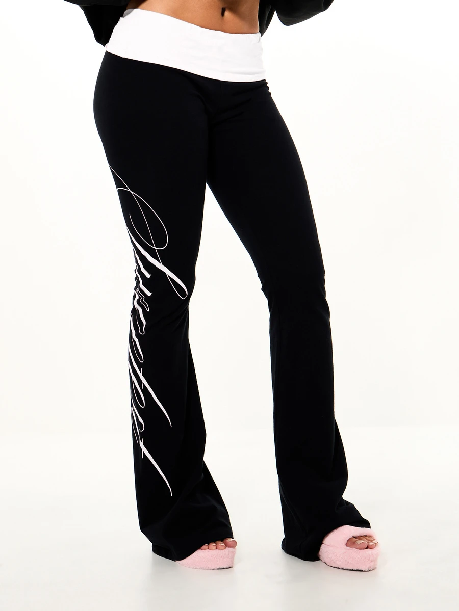 SUMWON WOMEN Fold Over Waistband Flare Leg Pants With Cursive Script ...