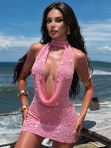 SHEIN Swim 亮片露背性感裹身连衣裙，配针织围巾系带设计，度假修身迷你裙 - 粉色 - 查看 6