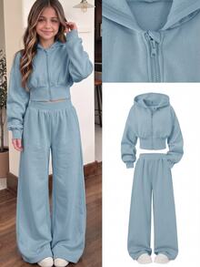 SHEIN Tween Girls Fall Outfits 2pcs/Set Round Neck Brushed White Floral Gray Waist Pull-On Pullover - Baby Blue - View 1
