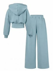SHEIN Tween Girls Fall Outfits 2pcs/Set Round Neck Brushed White Floral Gray Waist Pull-On Pullover - Baby Blue - View 6