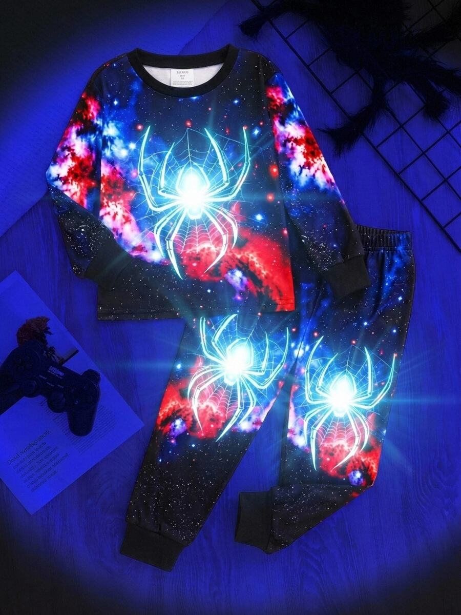SHEIN Kids Young Boy Spider Pattern Casual Minimalist Snug Fit Comfortable Thickened Long Sleeve Crew Neck Pants Loungewear Suitable For Autumn/Winter - Multicolor - View 1