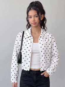 SHEIN 青少年女孩秋冬波點白色長袖夾克休閒日常街頭風 - 白色 - 查看 6