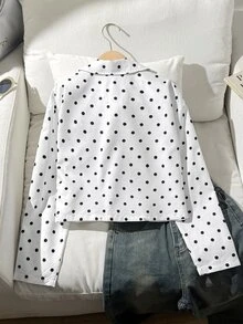SHEIN 青少年女孩秋冬波點白色長袖夾克休閒日常街頭風 - 白色 - 查看 3