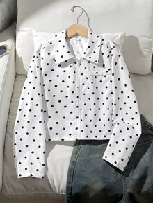 SHEIN 青少年女孩秋冬波點白色長袖夾克休閒日常街頭風 - 白色 - 查看 2