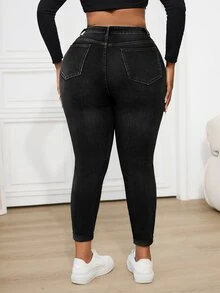 SHEIN CURVE+ 大尺碼女款鈕扣半門襟雙口袋修身顯瘦時尚牛仔褲 - 黑色 - 查看 2