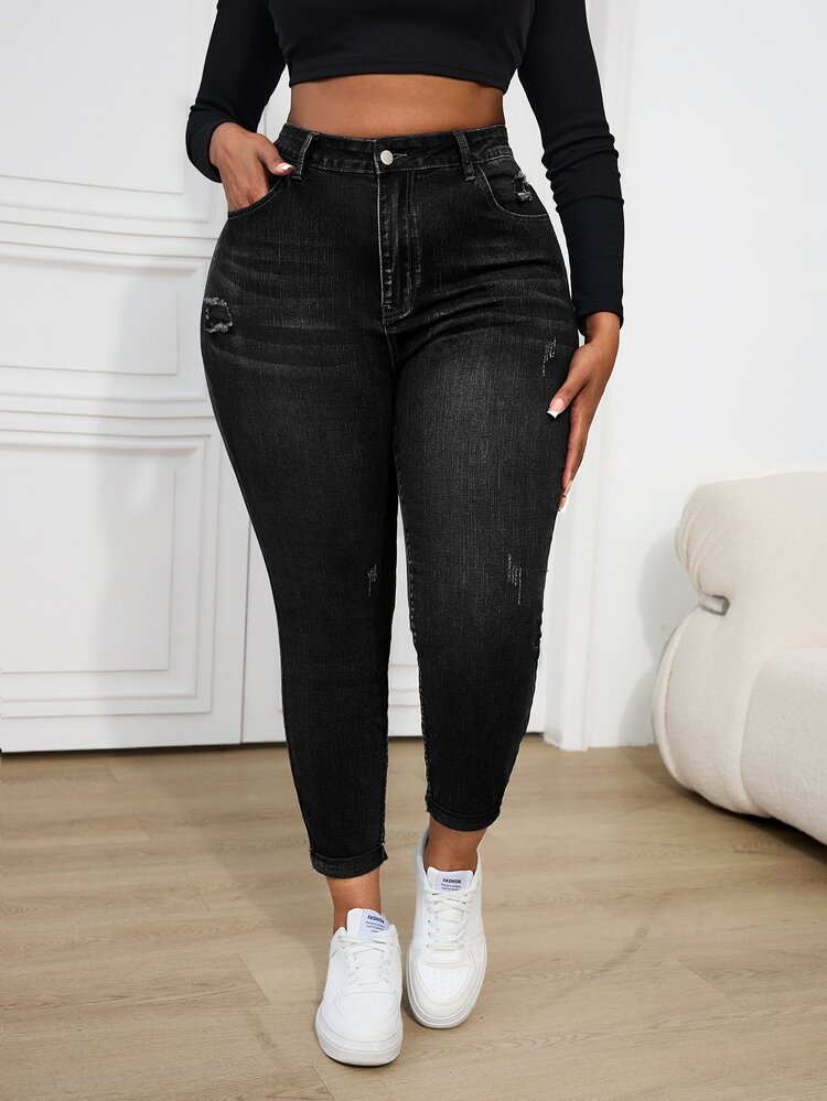 SHEIN CURVE+ Plus Size Women's Button Half-Placket Double Pocket Slim Fit Flattering Fashion Denim Jeans - Black - View 4