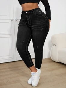 SHEIN CURVE+ 大尺碼女款鈕扣半門襟雙口袋修身顯瘦時尚牛仔褲 - 黑色 - 查看 5